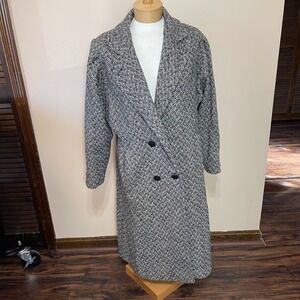 Miss New Yorker Women's Black White Herringbone Double Breasted Long Coat Medium